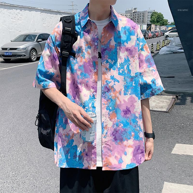 

Men's Casual Shirts Plus Size 5XL-M Summer Fashion Tie-Dye Short Sleeve For Men Clothing 2022 Simple Front Pocket Loose Blouse Homme, C586 blue