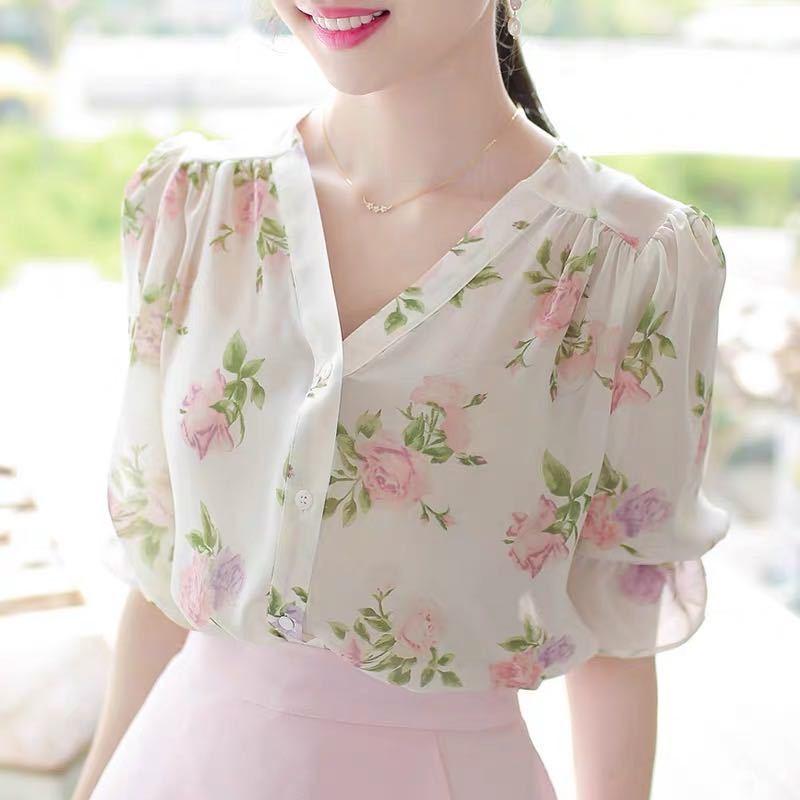 

Women' T-Shirt Print Chiffon Shirt Sweet V-neck Short Sleeve Women Blouse 2022 Spring Summer Women' Clothing BlusasWomen, Pink