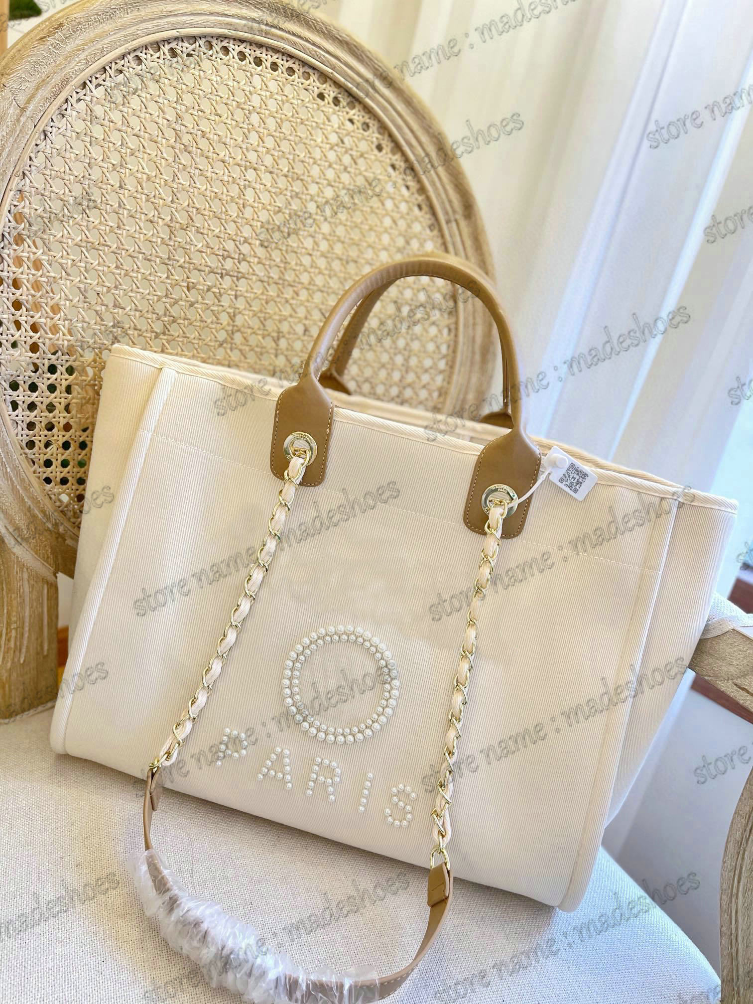 

22ss Deauville Pearl Ecru Large Cream Beige Canvas Tote Bag Women Designer Shopping Chain Shoulder Bags Luxury Top Handles CrossBody, 01