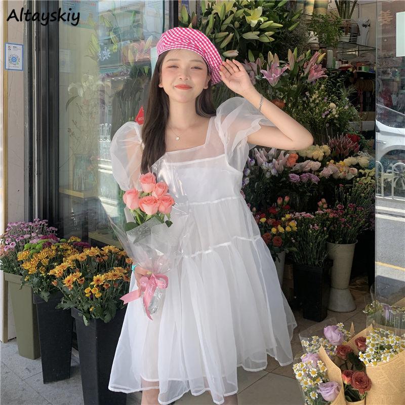 Casual Dresses Women 3 Colors Korean Style Puff-sleeve Summer Mesh Vacation Pure Cute Knee-length Sweet Ladies Fashion Trendy All-match-image-760740234