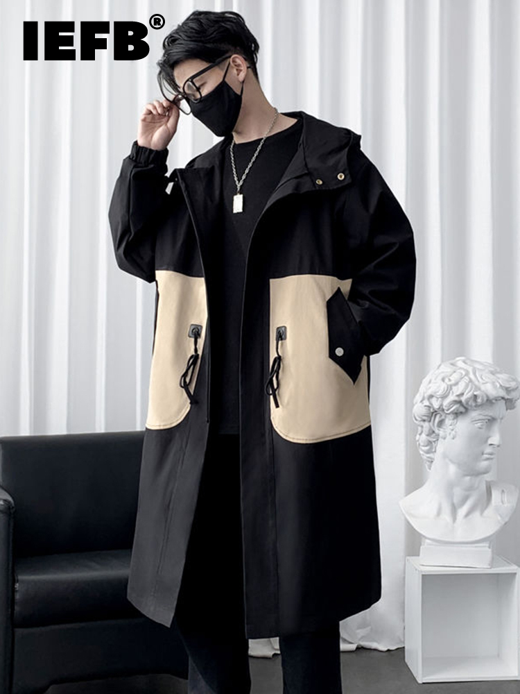 

Men's Trench Coats IEFB Autumn Windbreaker Men's Medium Length Jacket With Hat Long Sleeve Male Trench Darkwear Korean 9A4518 220826, Black