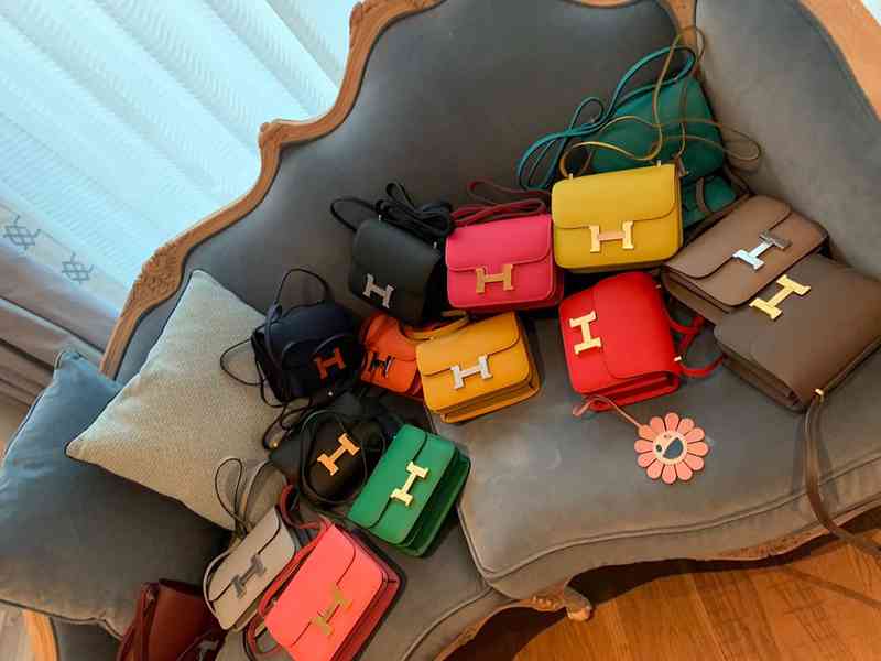 

Handbag Herme Constance19 24 Home Epsom cow leather swift Kangkang stewardess bag C19 tofu manual wax line wm, C19 milkshake silver buckle