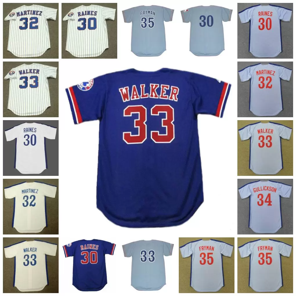 

Montreal Expos Vintage Baseball Jersey 30 MAURY WILLS 1969 TIM RAINES 1981 32 DENNIS MARTINEZ 1988 33 JOSE CANSECO 2002 LARRY WALKER 1989 HUNT GULLICKSON FRYMAN, 30 tim raines 2001 blue
