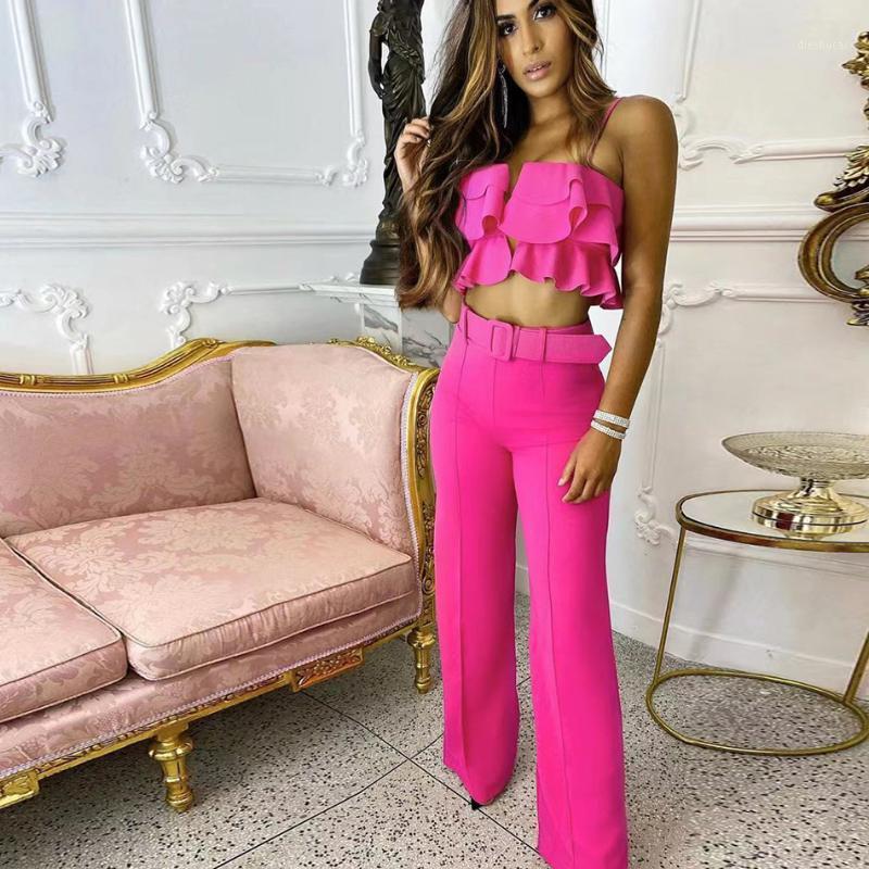 

Women's Two Piece Pants Sexy Halter Ruffle Short Top And Belt Fashion Summer Bandage 2 Set Casual Party, Black