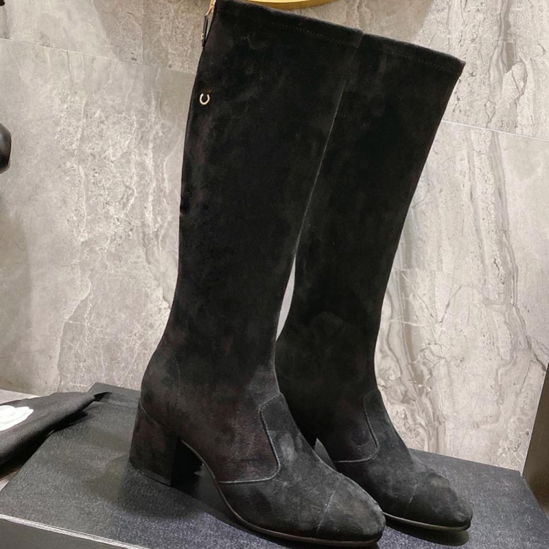 

Womens High Boots with Zipper Stretch Fabric Fall Winter Suede Shoes Cowhide Patent Leather Heel 5cm Snow Designer Fashion Rainboots Classic Black Retro Ankle Boot, Shoe box