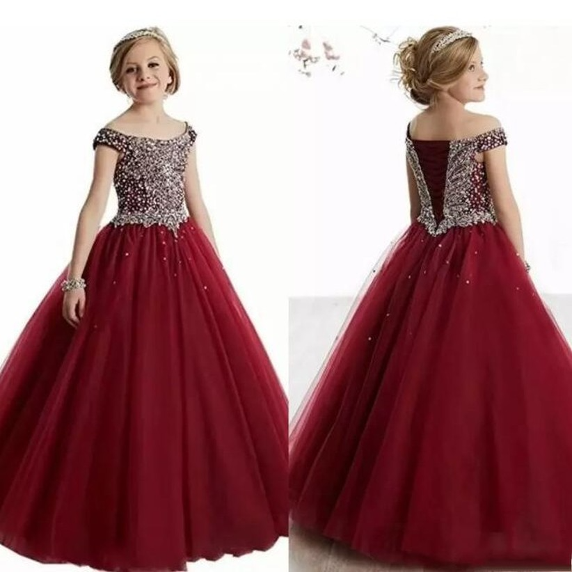 Bourgogne 2022 Cristaux Perles Filles Pageant Robes Première Communion Robes Tulle Robe De Bal Enfants Vêtements De Cérémonie Robes De Filles De