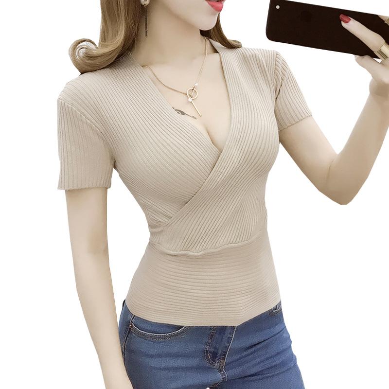 

Women's Sweaters Pull Femme 2022 Sexy V Neck Short Sleeve Sweater Women Autumn Winter Casual Pullovers Knitted Tops Korean Fashion Woman Clo, Green