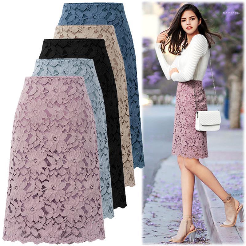 

Skirts Lace Skirt Women Plus Size 5XL Office Knee-length High Waist Bandage Elegant Flower Summer Faldas, Champagne
