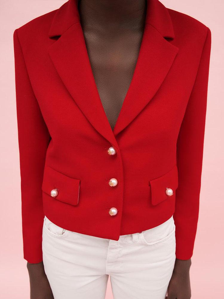 

Women's Suits & Blazers Summer Women's Clothing All-match Pearl Button Decoration Lapel Short Casual Suit JacketWomen's, Red