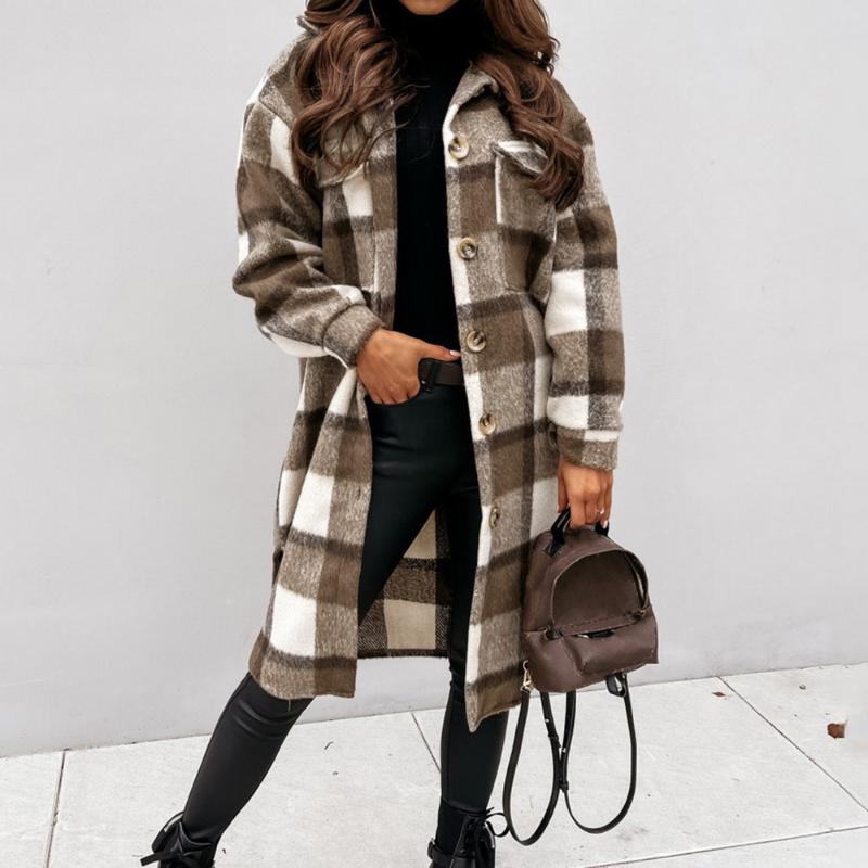 

Women' T-Shirt Autumn Winter Women Long-Sleeved Plaid Printed Shirt Jacket Fashion Loose Turn Down Collar Single-Breasted Long Coat Femme, Gray