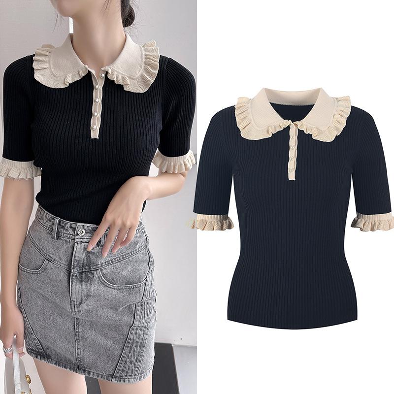 

Women' Sweaters Doll Collar Black Slim Fit Edge Knit Sweater Short Sleeve Women Pullover Spring Pull FemmeWomen' Women'sWomen