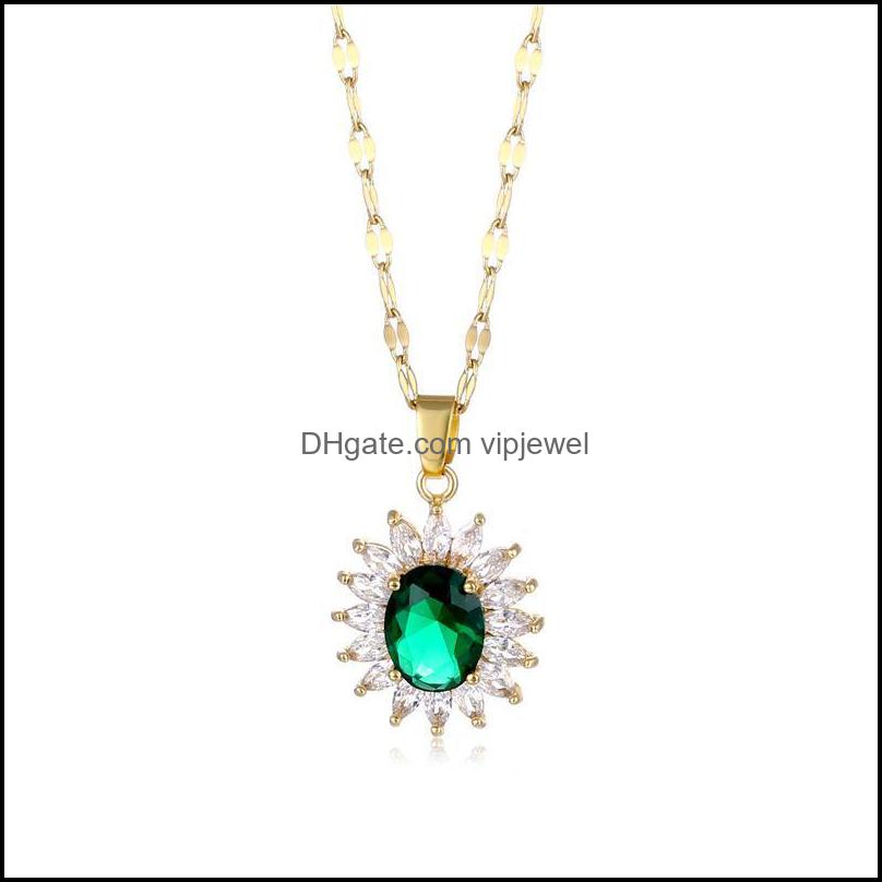 

Pendant Necklaces Pendants Jewelry Fashion Stainless Steel Necklace Oval Crystal Women Dainty Green Zirc Dha7E
