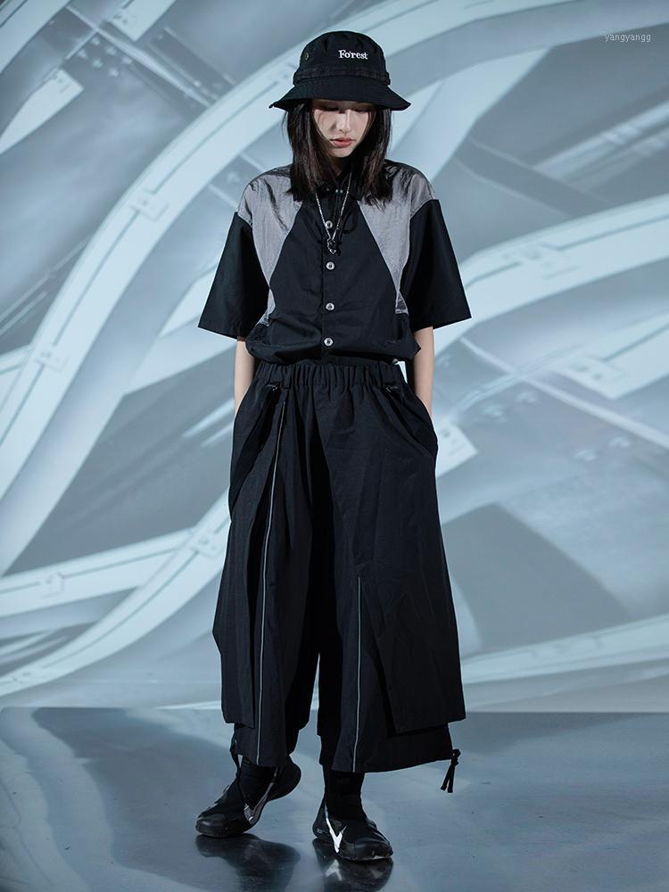 

Men' Casual Shirts Concealer Summer Short-sleeved Shirt Metal Splicing Couple Five-point Sleeve Jacket Tide, Black