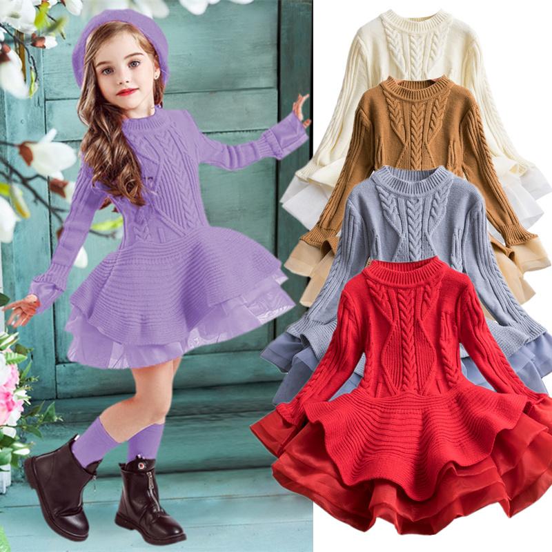 

Girl's Dresses Long Sleeve Sweater For Girls Winter Knitted Thick Princess Dress Children 3 4 5 6 7 8 Years Christmas Party CostumeGirl's