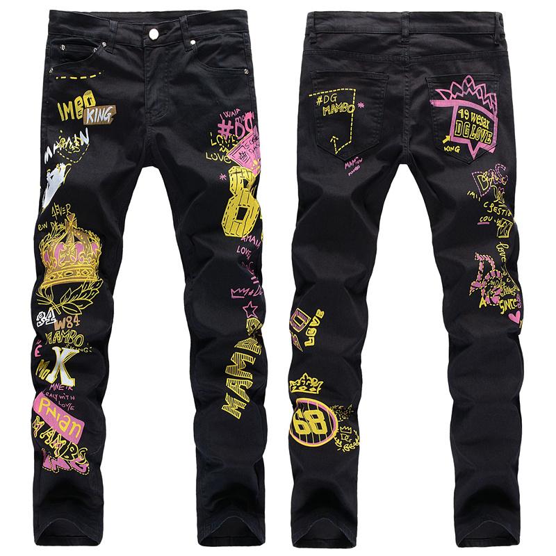 

Men's Jeans European American High Street Black 3D Color Printed Men Slim Stretch Hip Hop Graffiti Fashion Trousers