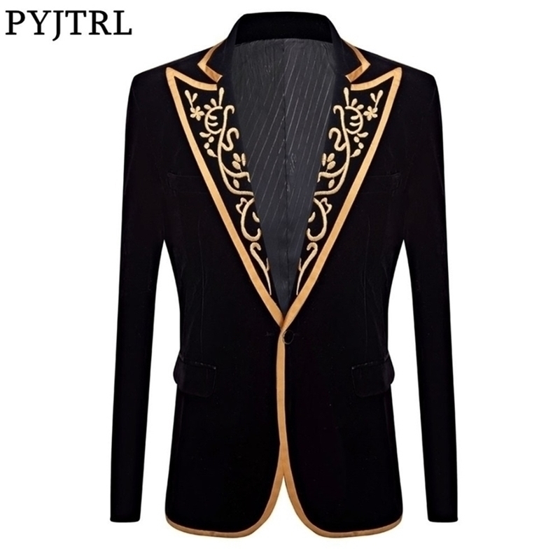 

PYJTRL Velvet Embroidery Series Mens Royal Court Prince Velvet Gold Embroidery Blazer Wedding Groom Suit Jacket Singer Costume 201104