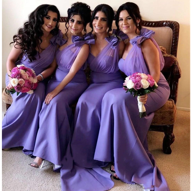 

Stylish Lavender Mermaid Bridesmaid Dresses One Shoulder Beaded Trumpet Wedding Guest Dress Sweep Train Satin Maid Of Honor Gown