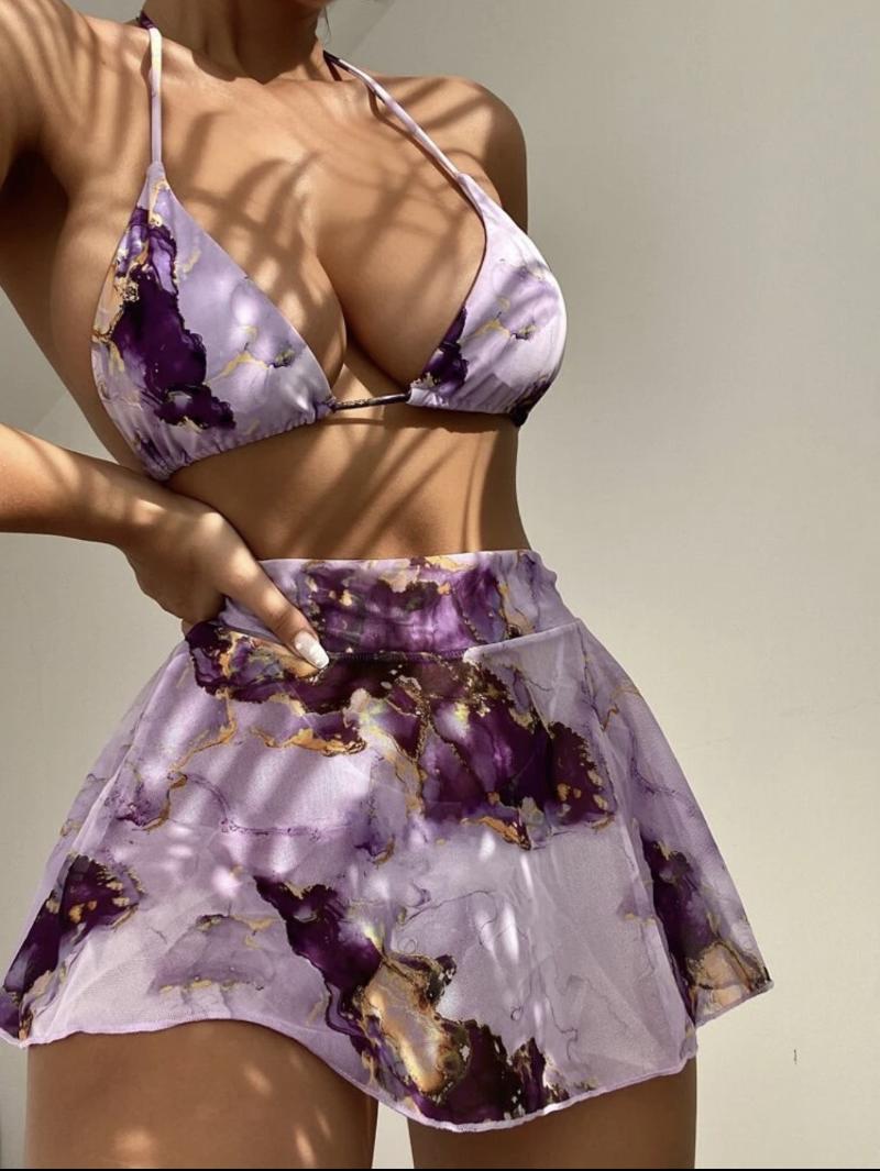 

Women's Swimwear Sexy 3 Piece Bikini Set Skirt High Waist Bikinis Swimsuits Push Up Marble Print Halter Bathing Suit Brazilian BiquiniWomen', Purple