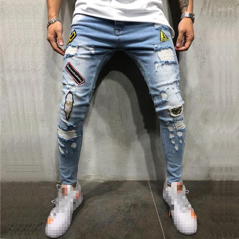 

Men' Jeans Dark Blue Ripped Men Fashion Letter Embroidered Distressed Fringe Skinny Hombre Stretch Slim Fit Denim Pencil PantsMen' Heat22