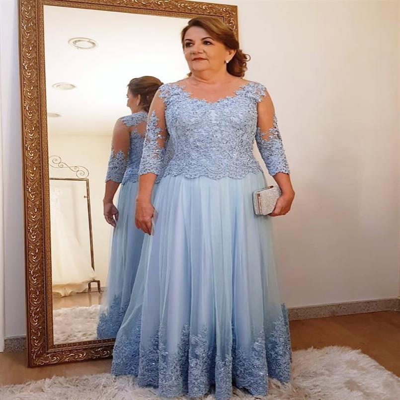 

2020 Elegant Lace Mother Of The Bride Dresses Sheer Neck 3 4 Long Sleeve Tulle Appliques Plus Size Floor Length Formal Evening Mot278w