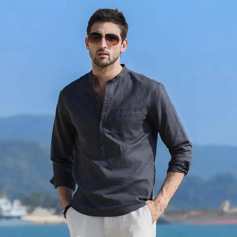 

Men's Casual Shirts Men's Long Sleeve Linen Fashion Autumn Spring Coton Blouse Handsome Men ShirtMen's, Gray