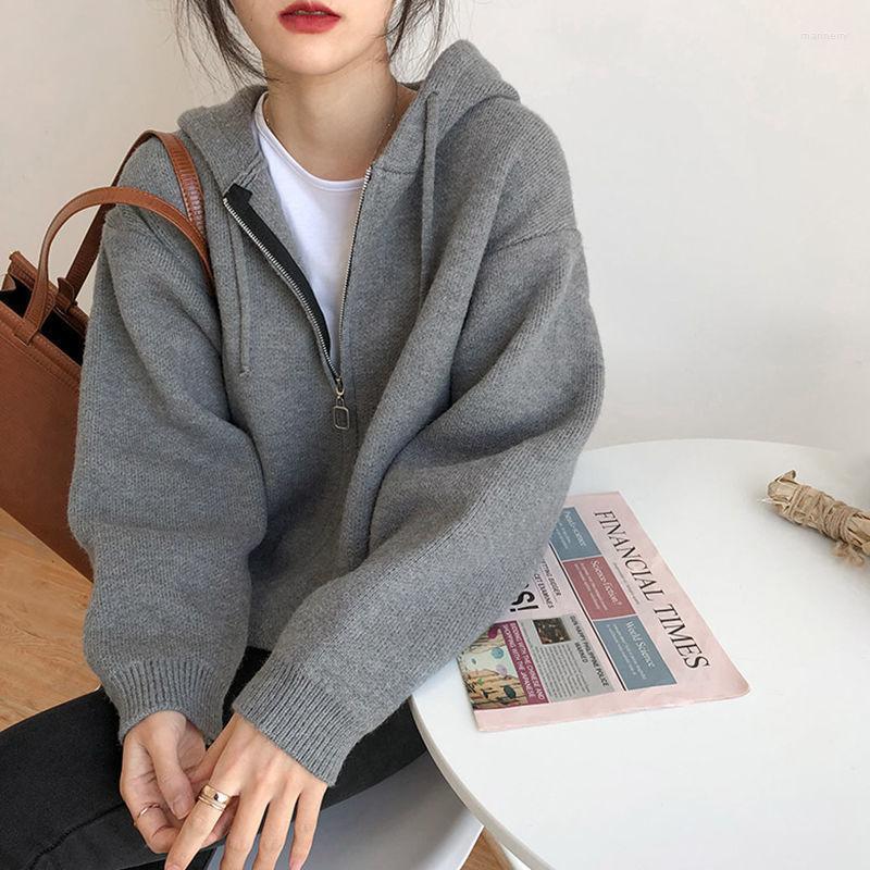 

Women's Knits & Tees Spring Autumn Knitted Cardigans Coats Chic Zip-up Hoodies Female Casual Loose Fashion Solid Hooded Women D85Women's Mar, Zhuanhongse