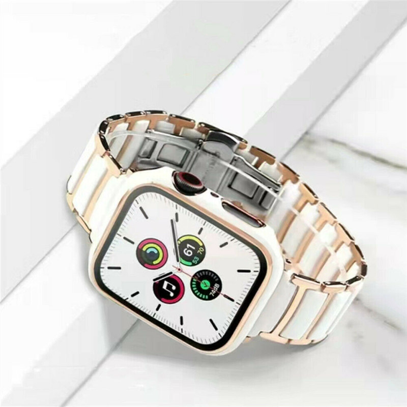 

for Apple Watch Series 7 6 5 4 SE Glossy Ceramics Protective Case Band Strap Bracelet Cover, Black/silver
