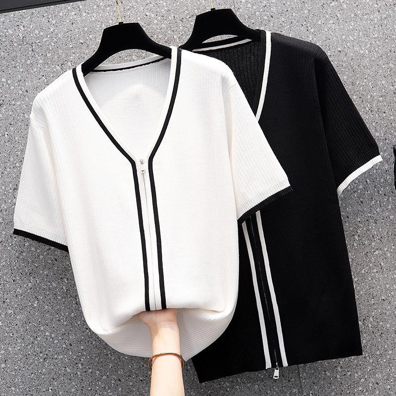 

Women's Knits & Tees Oversized Women Sweater Cardigan Zipper V-Neck Short Sleeve Coat Female Casual Single Breasted Knitted 2022Women's Olga, Black