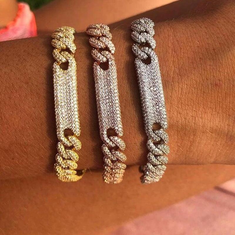 

Bangle Hip Hop Women Fashion Jewelry Gold Color Iced Out Bling Micro Pave White Cz Bar Charm Curb Miami Cuban Link Chain BraceletsBangle