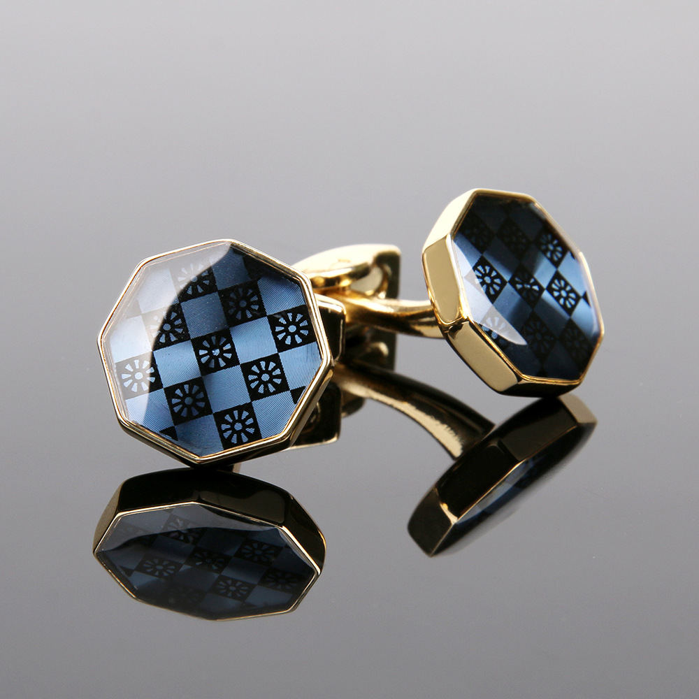 

Men's shirt cufflinks Rose gold 6 Angle blue casual round design cuff studs