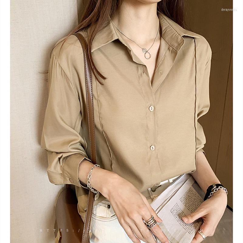

Women's Blouses & Shirts -4XL Women Casual 2022 Spring Chic Korean Style Turn Down Collar Shirt Simple Solid Color Button Front BlouseWomen, Khaki
