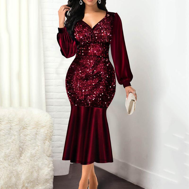 

Casual Dresses HAOOHU Glitter Women Mermaid Dress Spring Autumn Puff Sleeve Long Robe Femme Vestidos 2022 African Christmas Lady Cloth, Black;gray