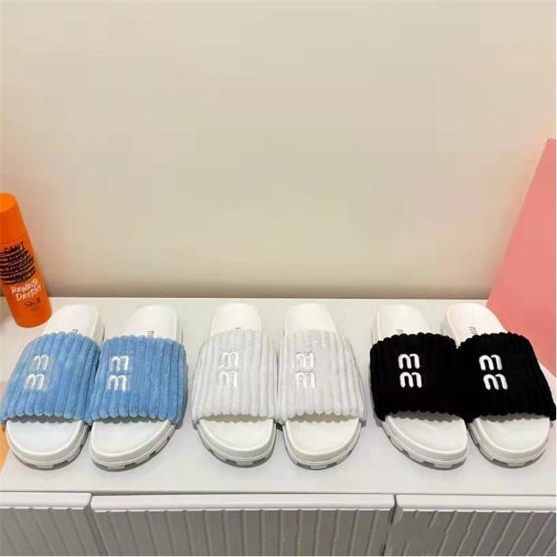 

Slipper Sandals Womens Designer Slippers Terry Cloth Fabric Rubber Outsole Platform Slipper Wedge Fluffy Vacation Sponge Slider Sandals Box, Black