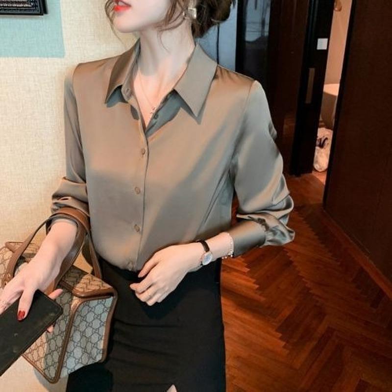 

Women's Blouses & Shirts Elegant Satin Long Sleeve Women 2022 Vintage White Silk Shirt Casual Loose Button Up Female Tops E209Women's, Grey