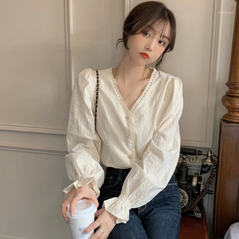 

Women's Blouses & Shirts Spring Autumn V Neck Wome's Shirt Casual Long Sleeve Blouse And Tops Female Solid Color Sweet Lace Splicing W, Beige