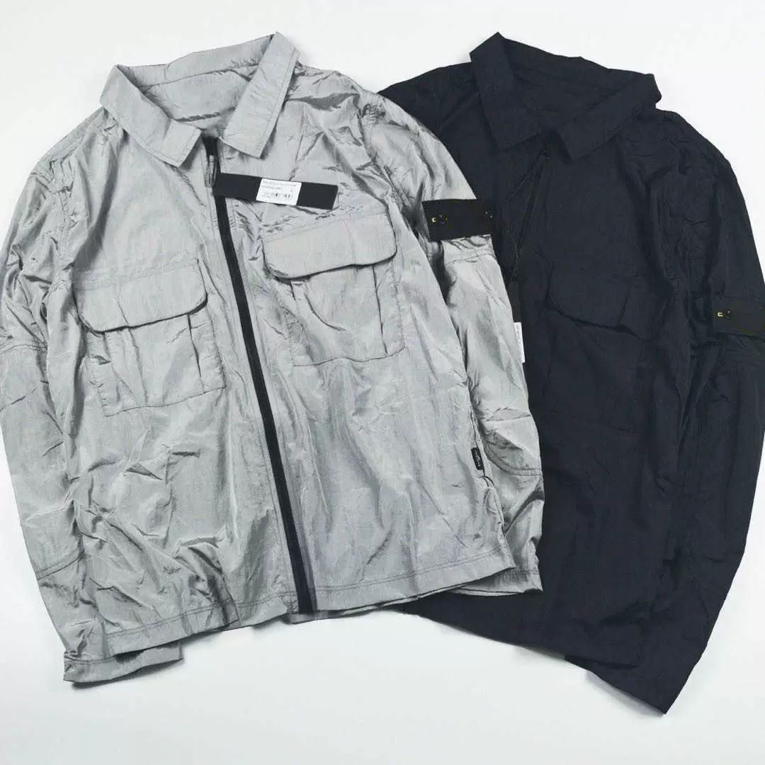 

Men Nylon Lapel Neck Island Jacket Embroidery Armband Jackets Double Pocket Stone Designer Outwear Coat CP110, Sliver