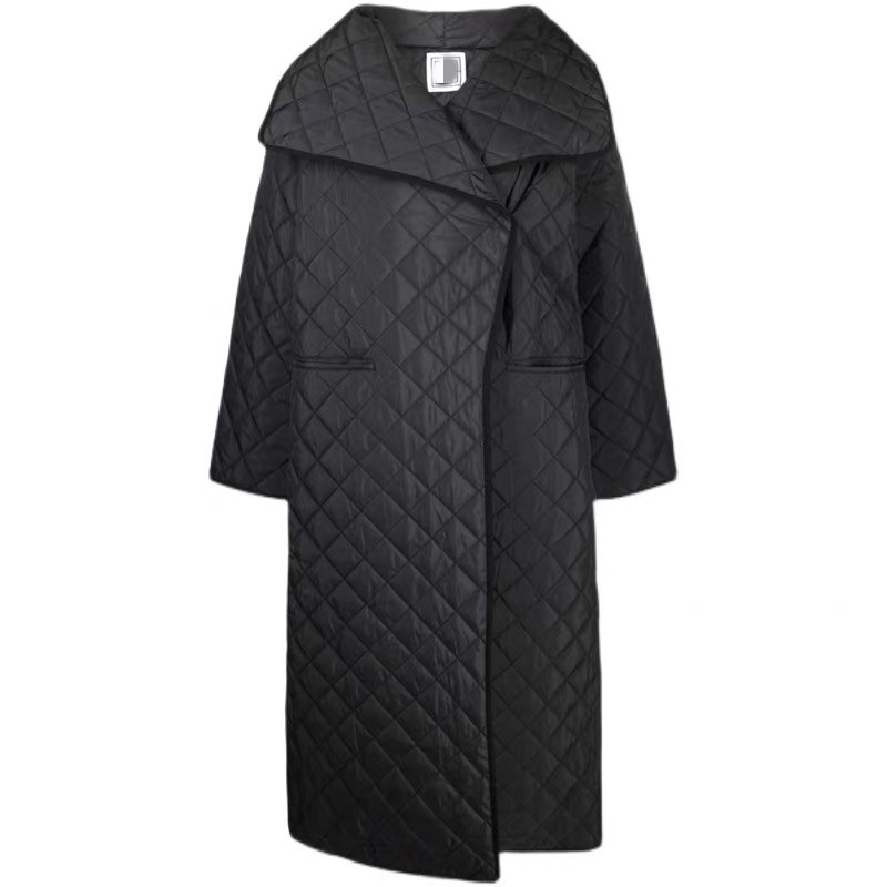 

2022 new padded clothes t-o-Toteme Annecy silhouette diamond plaid loose long rhombus plaid cotton clothing side slit s-ilho-uette coat women, Black