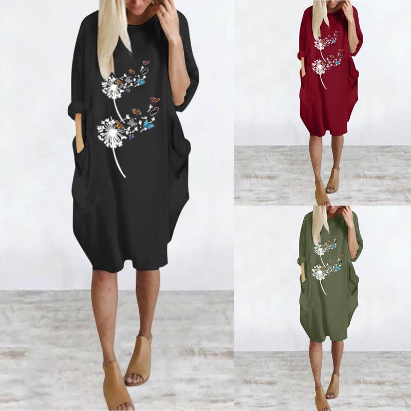 

Casual Dresses Women Midi Dress Dandelion Print Pocket Long Sleeve Autumn Loose Vintage Party Vestidos Femme Robe, Black