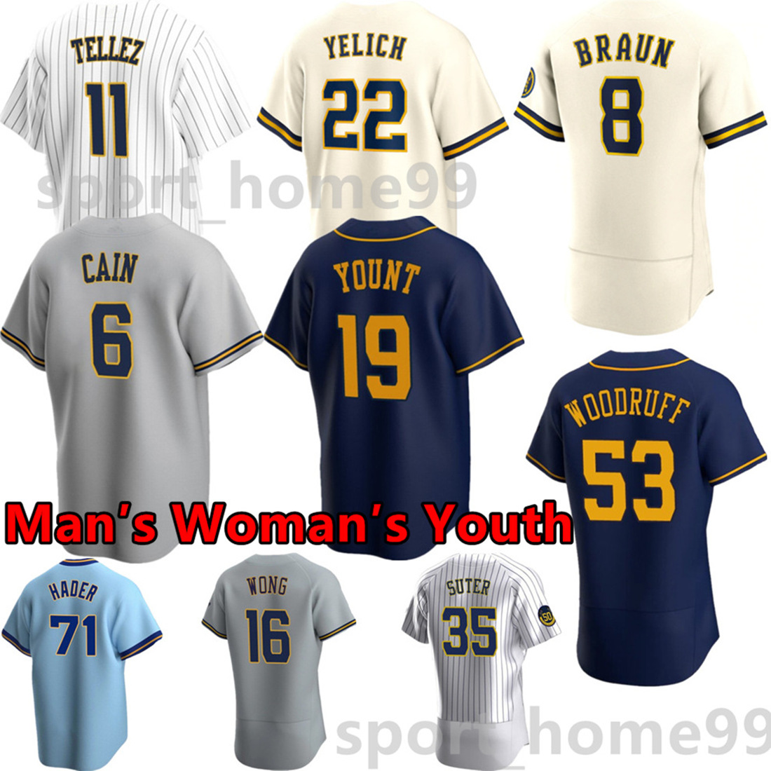 

21/22 Top New 22 Christian Yelich Jersey 11 Rowdy Tellez 53 Brandon Woodruff 71 Josh Hader 8 Ryan Braun 27 Willy Adames Luis Urias Custom Men Women Youth Baseball Jerseys, Color 9