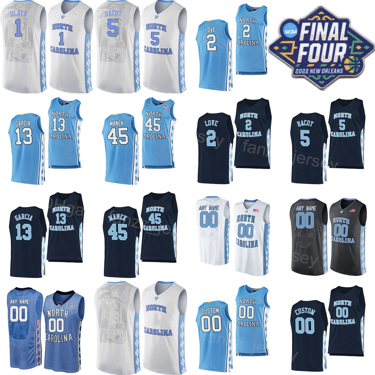 

NCAA College Final Four Basketball 4 RJ Davis Jersey North Carolina Tar Heels 13 Dawson Garcia 1 Leaky Black Blue White 5 Armando Bacot 2 Caleb Love 45 Brady Manek High
