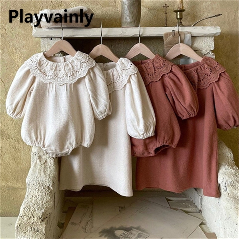Korean Style Spring Sister Clothes Brick Red Apricot Long Sleeves Ruffles Kids Girls Dresses Princess Baby bodysuits E4170 220531