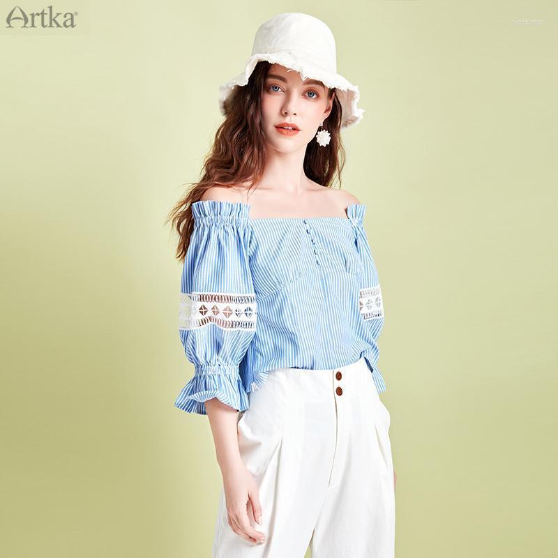 

Women' Blouses & Shirts 2022 Spring Summer Women' Blouse Retro Elegant Blue Striped Shirt Sexy Ruffles Off Shoulder Top Women SA25004C