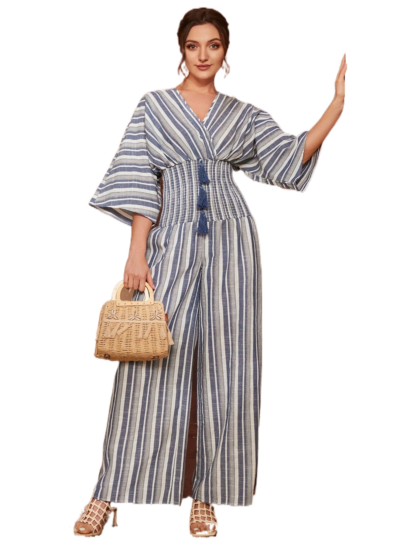 

striped Print Shirred Tassel Detail Wide Leg Jumpsuit L5t6#, Multicolor