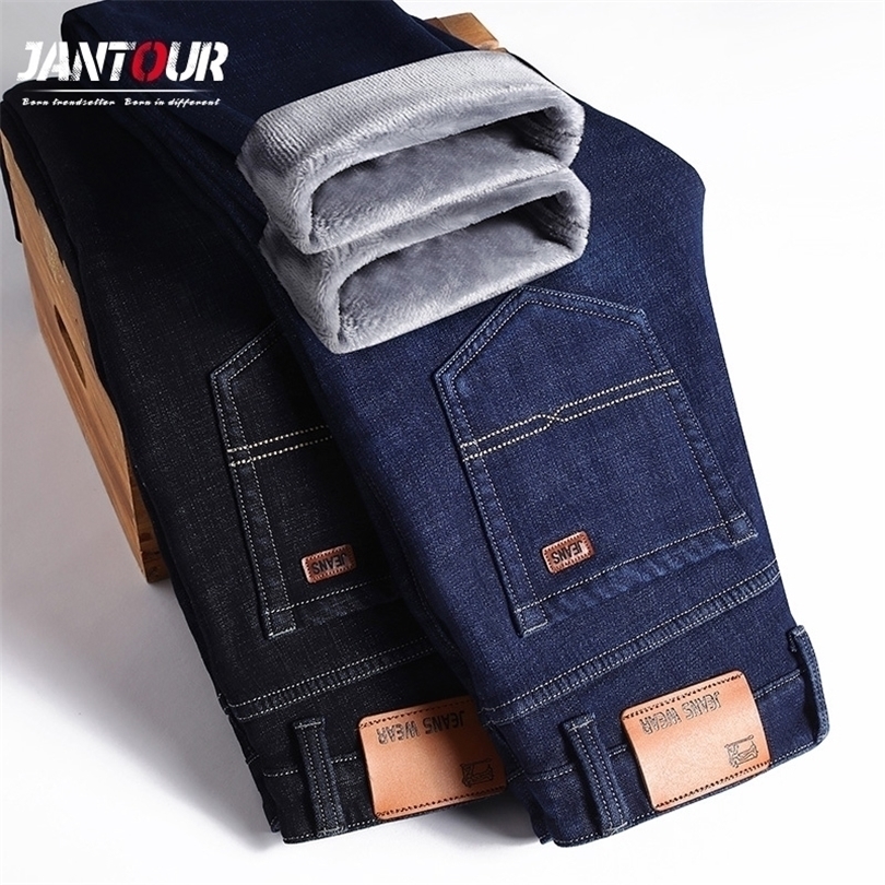 

Men's Jeans Winter Fleece Pants Business Casual Trousers Fashion Elasticity Thicken Straight Work Men Pants 5Model Big Size 201123, 1815 blue black