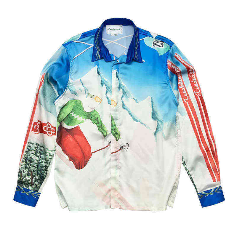 

Casablanca ss21 spring and summer snow mountain skiing printed cool Satin Hawaiian Long Sleeve Shirt, Blue