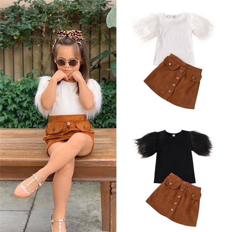 

Clothing Sets 2Pcs Fashion Toddler Kids Girls Outfits Suit Cotton Feather Sleeve Round Neck Top Brown Buttons Skirts Children Clothes SetsCl, White