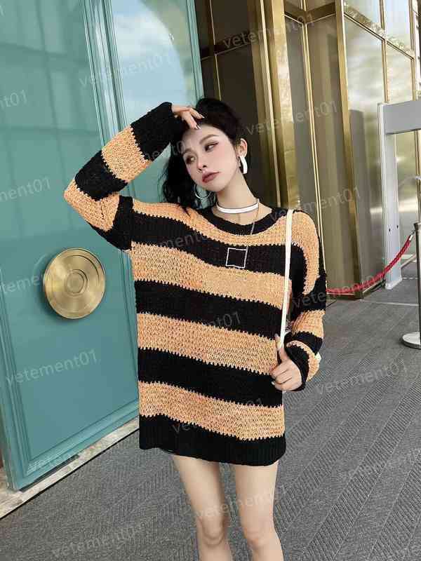 

Luxury Women Sweater Autumn Cutout Design Striped Stitching High Quality Long Sleeve T-shirt Brand Designer Womens Sweaters Sandro 0912
