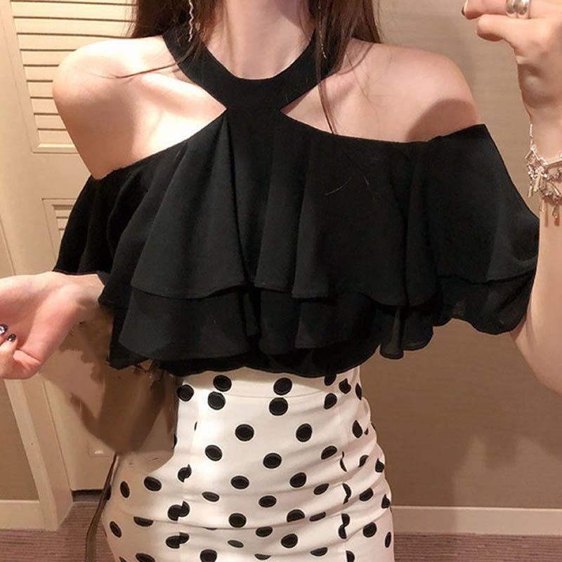 

Women' Blouses & Shirts Off Shoulder Halter Sexy Chiffon Blouse Women 2022 Korean Ruffles Summer Woman Shirt Short Sleeve Solid Loose White, Black