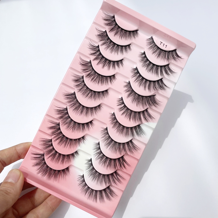 

Eyelashes hot selling tray 10 pairs Russian strip lashes D DD curl vegan mink eyelash Short Eye Lashes