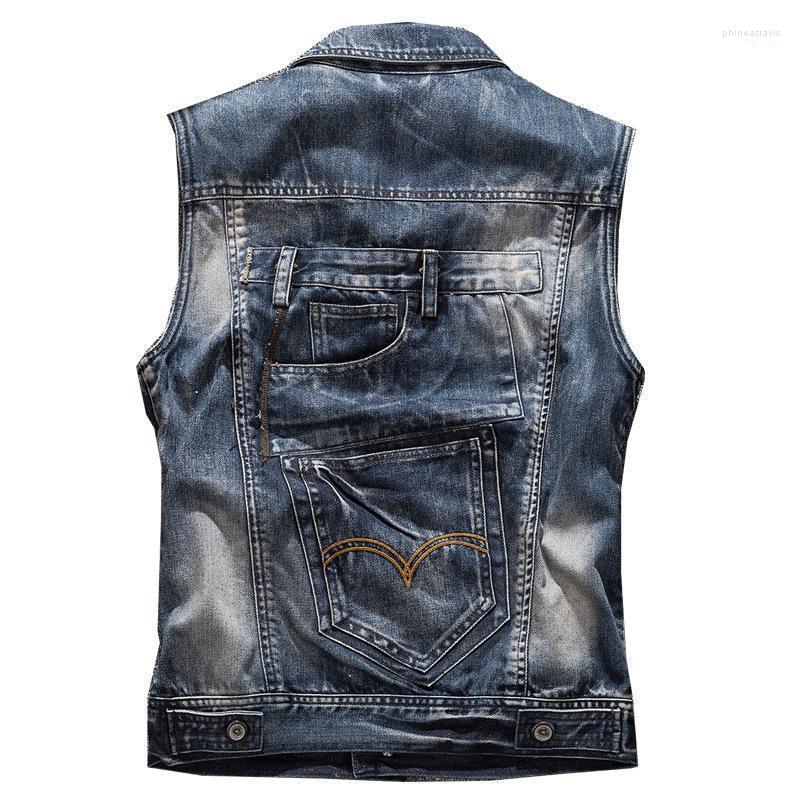 

Men's Vests Large Size Autumn Product Waistcoat Motorcycle Denim Vest Patch Pocket Tooling Phin22, Blue
